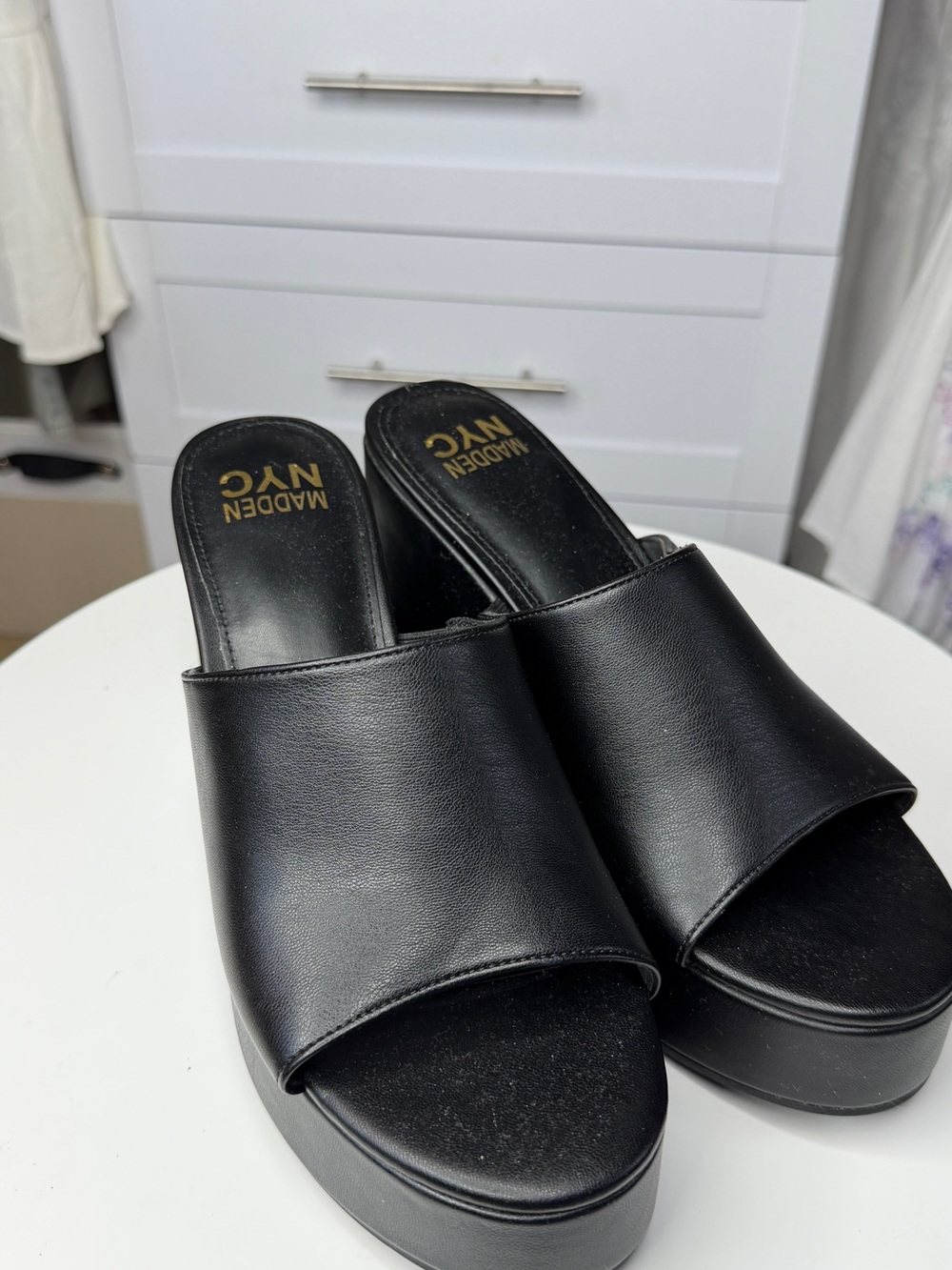 Madden NYC Black Leather Platform Slide Sandals